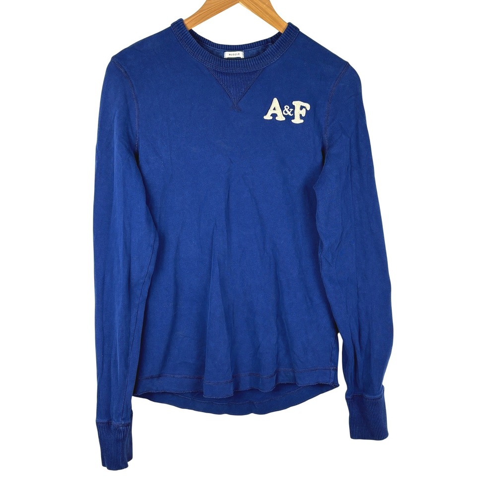 Abercrombie & Fitch Mens Long Sleeve T-Shirt M Blue Y2K Muscle Fit Logo Patch